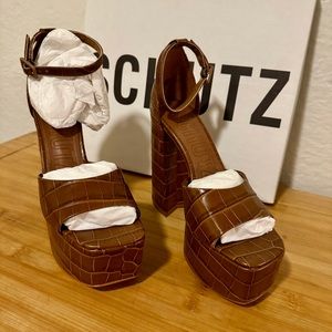 Schutz Lenne Wide Croco Leather Sandals - Brown , Size 8